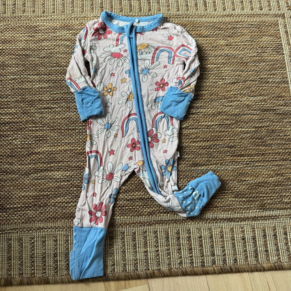 Posh Peanut Newborn Floral and Rainbow  Footie Pjs with fold over hands and feet